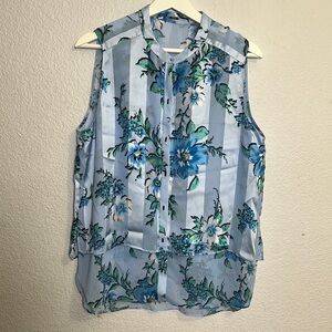 Tahari Sleeveless Sheer Blue Striped Floral Button Down Top Size 12 NWT